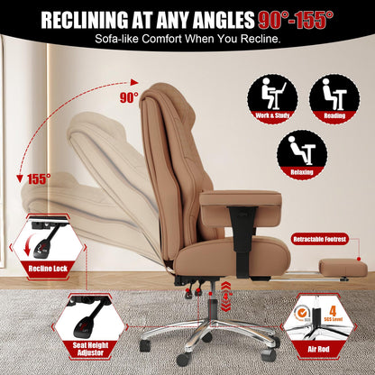 400lbs Big and Tall Office Chair, Wide Ergonomic Leather Executive Chair for Heavy People with Foot Rest, High-Back Reclining Computer Chair with Swivel Wheels and Lumbar Support (Brown)
