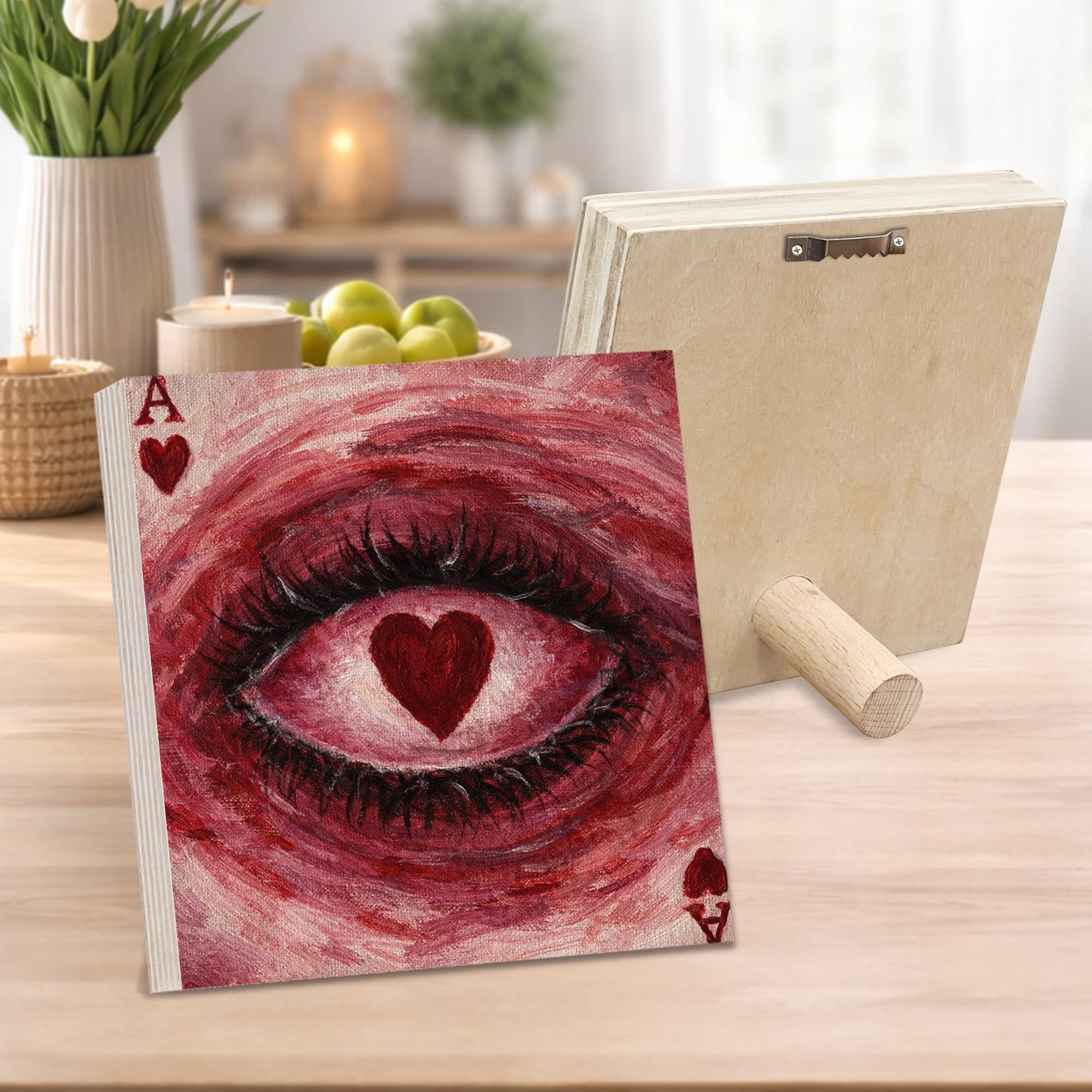 Surreal Eye Wooden Block Sign, Heart Eye Art Painting, Playing Card Heart Dark Romantic Symbolic Decor Shelf Sitter, Artistic Home Table Mantel Tiered Tray Unique Gift