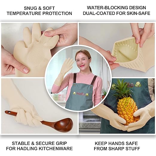 DABOGOSA Reusable Waterproof Household Dishwashing Cleaning Rubber Gloves, Non-Slip Kitchen Glove (Ivory, Medium (Pack of 3))