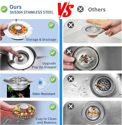 3-in-1 Kitchen Sink Drain Strainer & Sink Stopper 2 Pack : 304 Stainless Steel