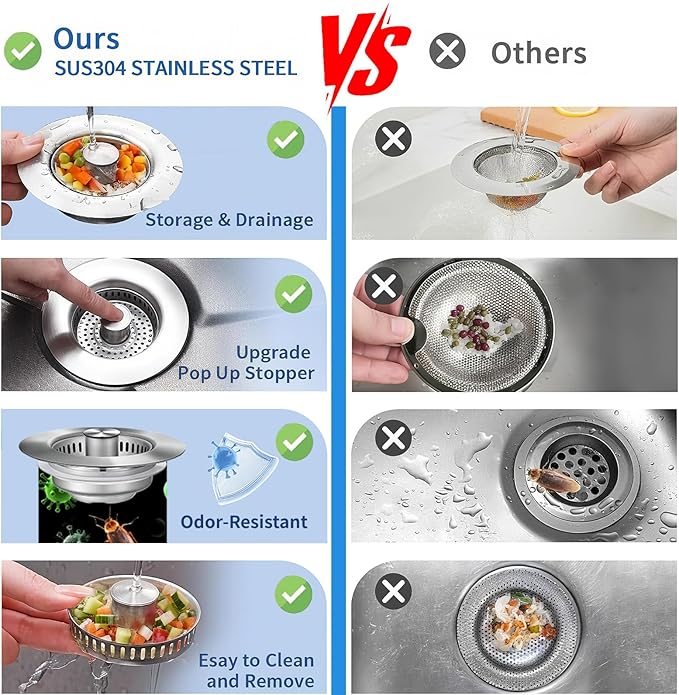 3-in-1 Kitchen Sink Drain Strainer : Pop Up Sink Stopper, 304 Stainless Steel