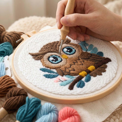 Harimau Punch Needle Kit Owl Pattern,1Pc Embroidery Hoop, Essential Punch Needle Supplies,Ideal Punch Art for Beginners,DIY Adults Embroidery, Video Teaching
