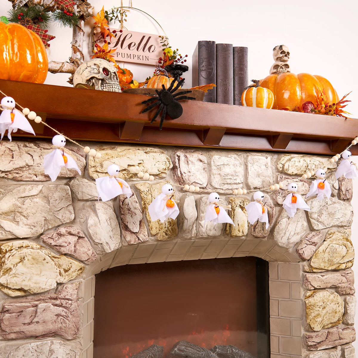 Cute Halloween Ghost with Wooden Beads Garlands, Handmade Rustic Halloween Banner for Wall Home Indoor Outdoor Spring Decor Supplies (Pumpkin)