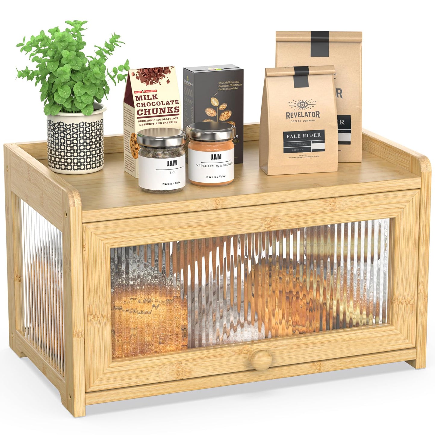 BAMBANG Bamboo Bread Box for Kitchen Countertop, Extra Large Farmhouse Bread Box with 4-Side Clear Panels, Wooden Bread Storage Container for Homemade Bread, Natural