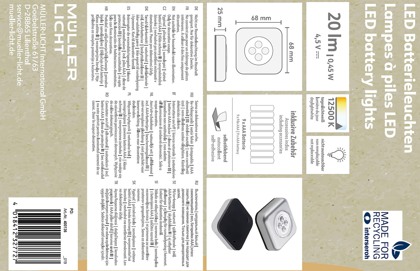 Müller-Licht 400136 LED Battery Pressure Light Set of 3 Including Adhesive Pad and 3 AAA Batteries 0.5 Watt Plastic Silver 6.8 x 6.8 x 2.5 cm