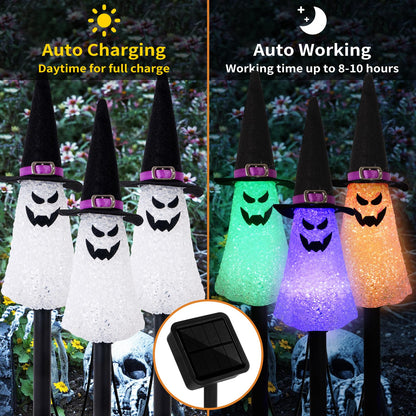 LIGHTSHINE 3PCS Ghost Solar Halloween Decorations, Solar Landscape Pathway Lights, Garden Stakes Light, Outdoor Halloween Lights Decor for Yard, Patio, Porch (Orange+Purple+Green)