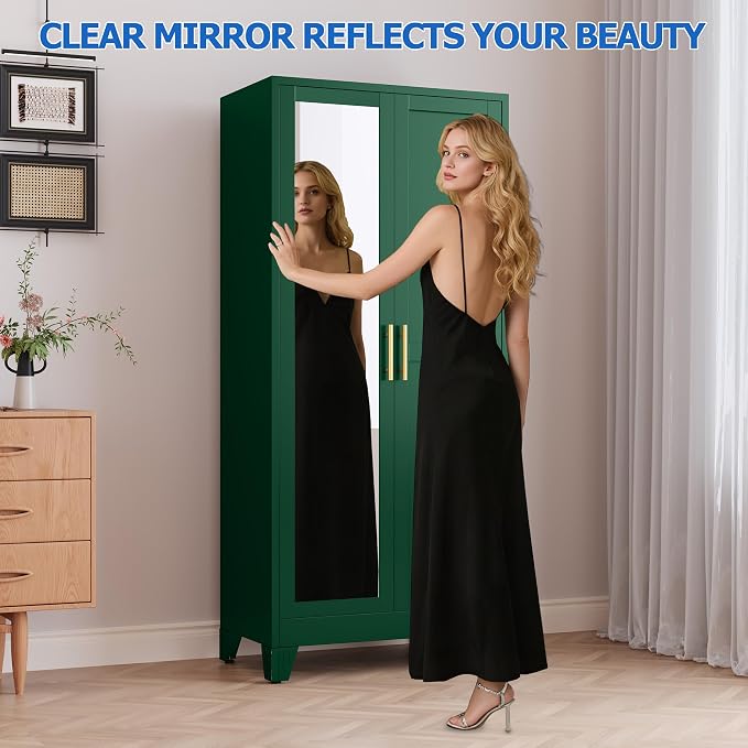 GAIOUS Metal Wardrobe Cabinet with Mirror and Hanging Rod, 71" Green | Clothing Storage Cabinets with 2 Doors and Adjustable Shelves, Armoire Wardrobe Closet for Bedroom, Laundry Room, Cloak Room
