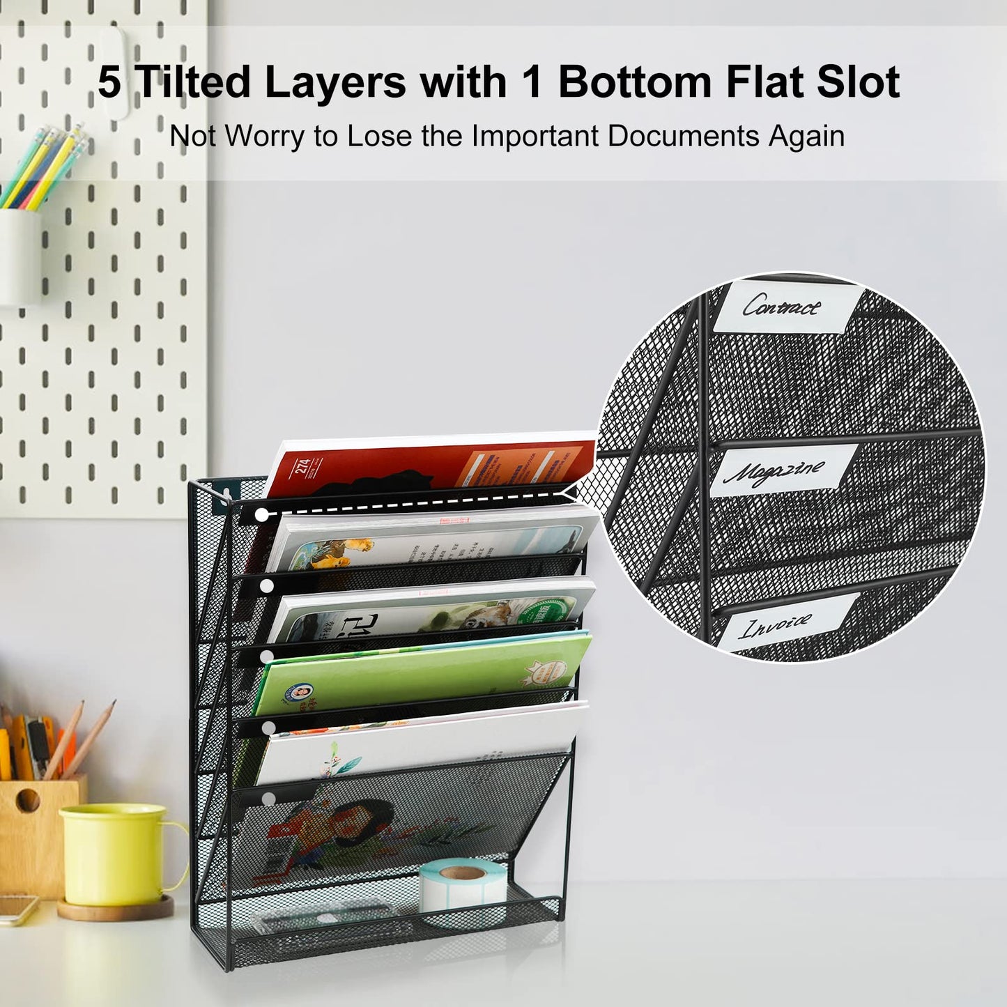 EasyPAG 5 Tier Wall File Holder, Mesh Hanging Folder Organizer with Classify Label, Versatile Desk File Holder, Vertical Wall Mounted Mail Organizer for Office Home Cubicle, Black
