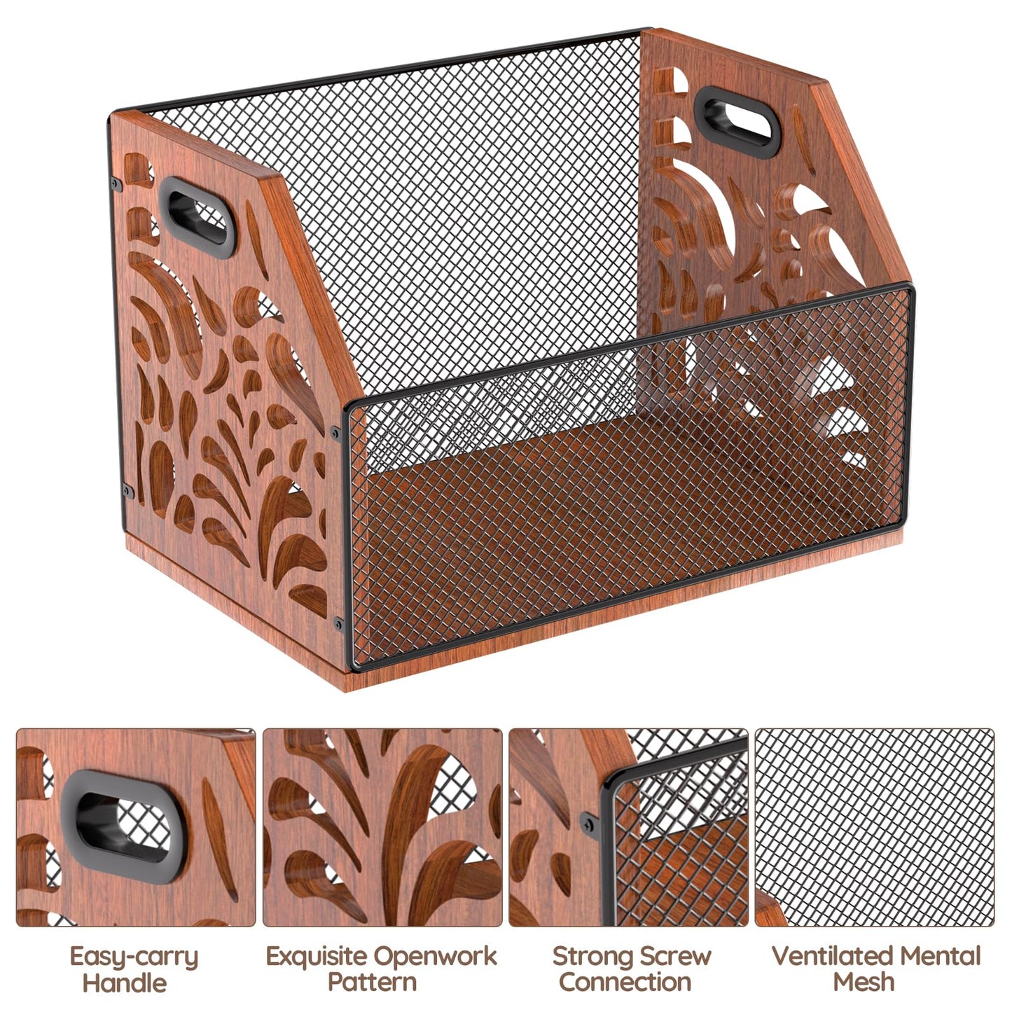 AHUONEL Dog Toy Basket, Chew-Proof Dog Toy Box, Wooden & Metal Pet Toy Storage Organizer, Spacious Toy Storage Bin for Pet Toys, Treats & Home Supplies, Toy Box for Living Room