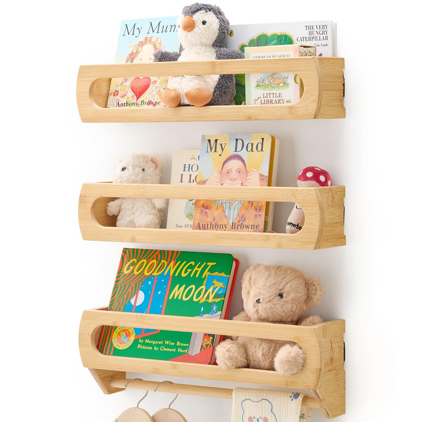 Homewisp Nursery Shelves for Wall, Premium Bamboo Wood, Fully Assembled - Nursery Book Shelves, Book Shelf for Kids Rooms, Multi-Use Floating Shelves for Wall, Set of 3 (Natural, 16.5 Inches)
