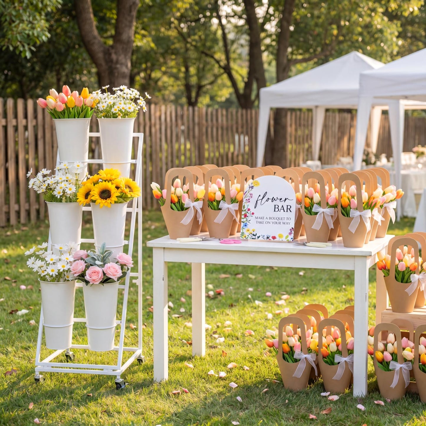 Ninehaoou 43 Pcs Flower Bar Buckets Kit Bloom Bar Supplies Flower Display Stand with 6 Bucket 1 Wood Sign 4 Scissors 30 Bouquet Wrapping Bags for Fresh off The Market Wedding Bridal Baby Shower(Small)