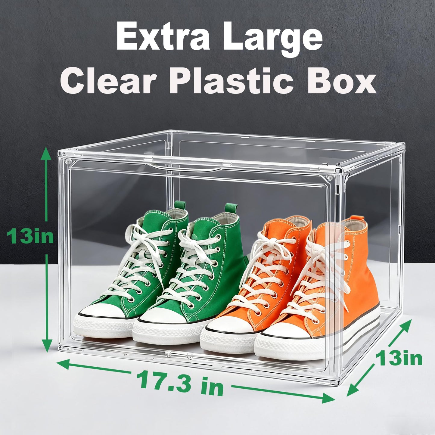 5 Pack XXX-Large Super Large Acrylic Display Case Figures Collectibles Helmet Showcase Boot & Shoe Boxes Clear Stackable Plastic Storage Bins Organizer with Magnetic Lid, 5 Pack with 2 Shoe Bags