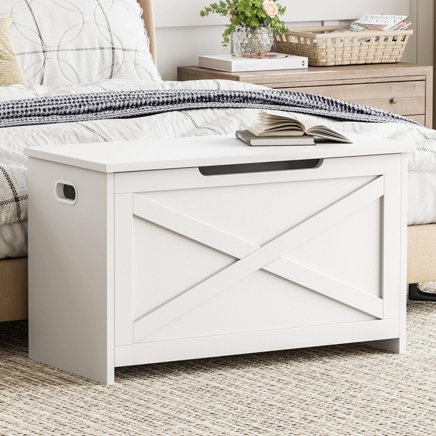 IDEALHOUSE 30" Storage Chest, Toy Chest for Kids, Wooden Large Toy Box, Storage Bench with Safety Hinge, Farmhouse Storage Trunk for Entryway, Living Room, Bedroom, Playroom, Matte White