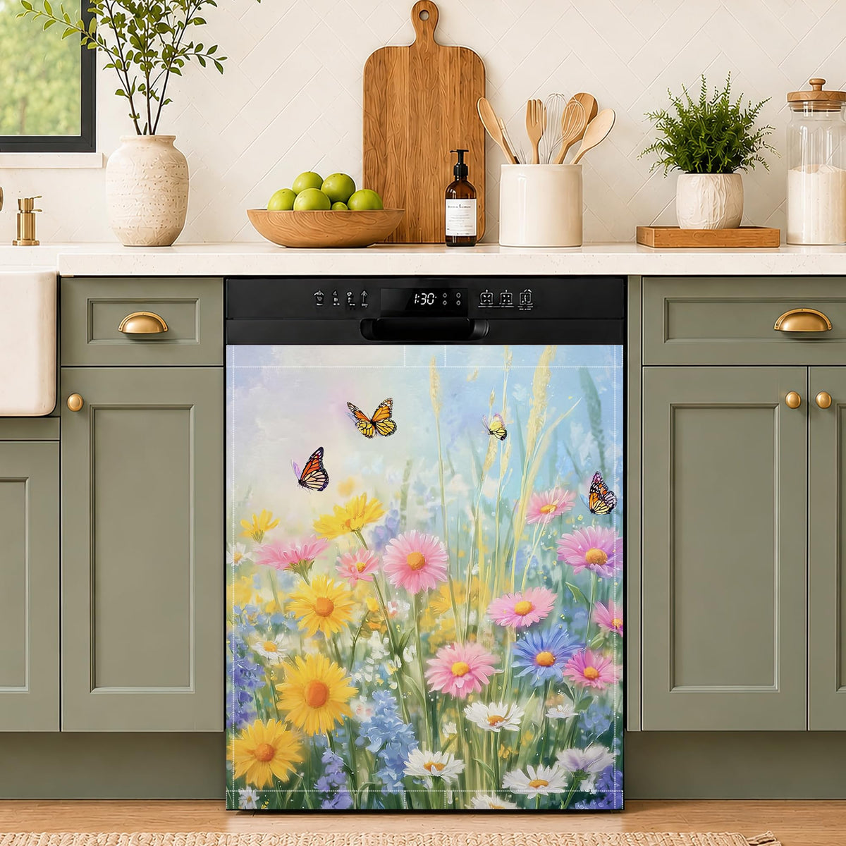Butterfly Flowers Dishwasher Magnet Cover,Waterproof Appliance Door Cover for Holiday Kitchen Decor,Housewarming Gifts, Refrigerator Magnet Decal Panels 23"x26"