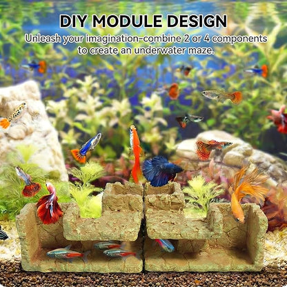 Aquarium Cave - Natural Resin Rock-Like Fish Tank Decorations & Accessories, 5.1” x 2” x 2.7” Safe Betta Hide & Tunnel for Guppy, Neon Tetra, Corydoras Catfish - Tank Decor