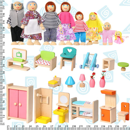 Civaner 52 Pcs Wooden Dollhouse Furniture Set Including 8 Family Dolls Miniature Doll House Accessories 1:12 Scale 5 Space Kits Bathroom Bedroom Living Room Dining Room Kitchen Gift for Christmas