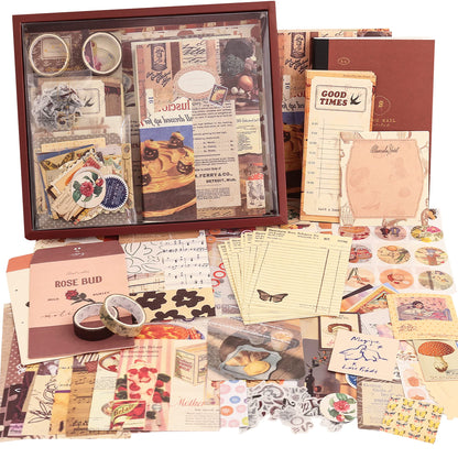 emmoolife 348 Pcs Scrapbooking Supplies Kit, Vintage Aesthetic Scrapbook Kit for Bullet Junk Journal, Stationery, A6 Grid Notebook, DIY Journaling Supplies, Birthday Craft Gift for Teen Girl Women