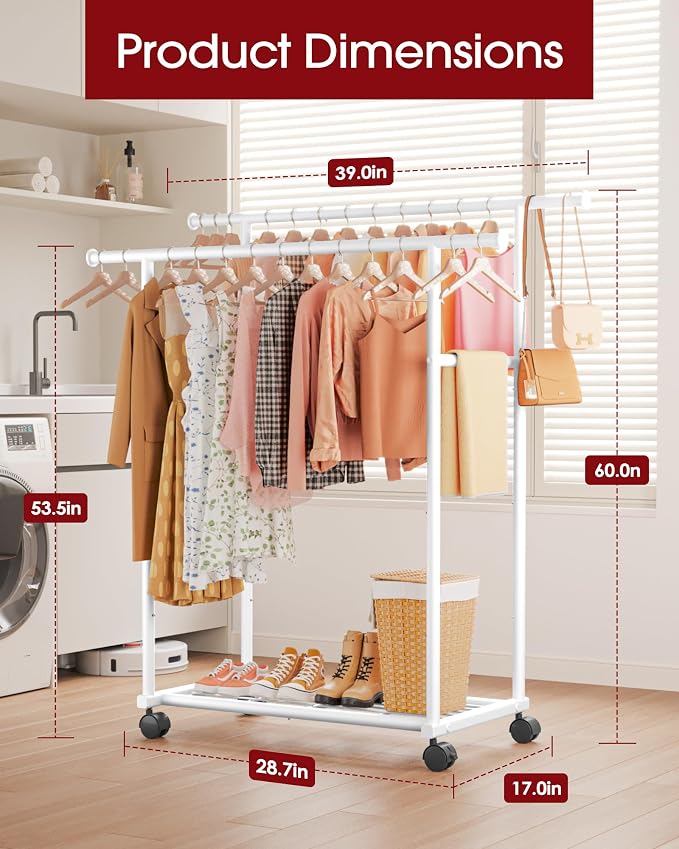 Sakugi Double Rods Clothes Rack - Metal Clothing Rack with Fixed Double Rods, Rolling Wheels & Built-In Shelf for Closet, Bedroom, Laundry Storage (39" x 17" x 60", White)