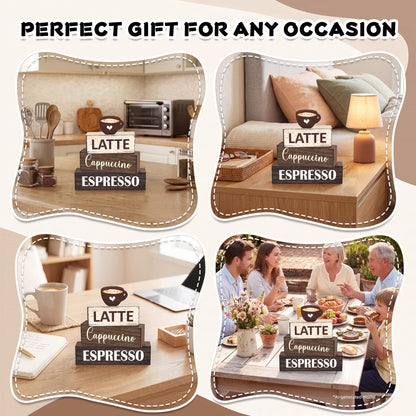 4 Pcs Coffee Farmhouse Wooden Table Decor, Coffee Rustic Tabletop Centerpiece Decorations for Bar Home Office Shelf Kitchen