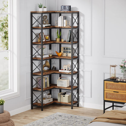 Tribesigns 7-Shelf Corner Bookshelf,Large Modern Corner Bookcase, 7-Tier Tall Corner Shelf Storage Display Rack with Metal Frame for Living Room Home Office (Rustic Brown)