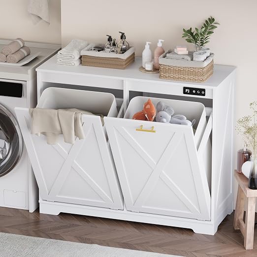 Double Tilt Out Trash Can Cabinet, Wooden Farmhouse Kitchen Garbage Bin Enclosure with Negative Ion Odor Control, Hidden Dog Proof Trash or Laundry Basket Storage for Laundry Room, White