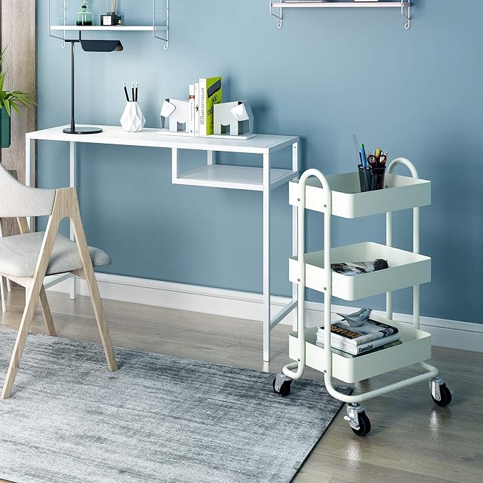 Metal Rolling Cart,3-Tier Metal Rolling Cart with Wheels,3 Tier Utility Cart with Wheels for Office,Home,Kitchen,Garden（13.4"x18.1"x31"） White