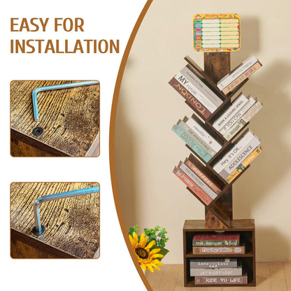 7 Tier Tree Book shelf, Small Bookcase with Reading Planner and Activity Panel, Modern Floor Standing Corner Tall Narrow Storage Cabinet Bookshelves for Home Office Bedroom Living Room (Rustic Brown)