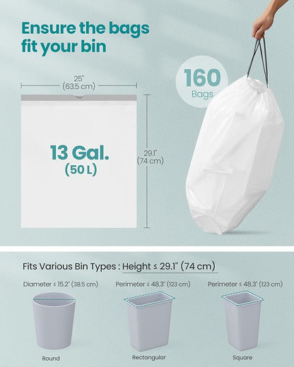 SONGMICS Trash Bags for 13-Gallon Trash Cans, Drawstring Kitchen Garbage Bags