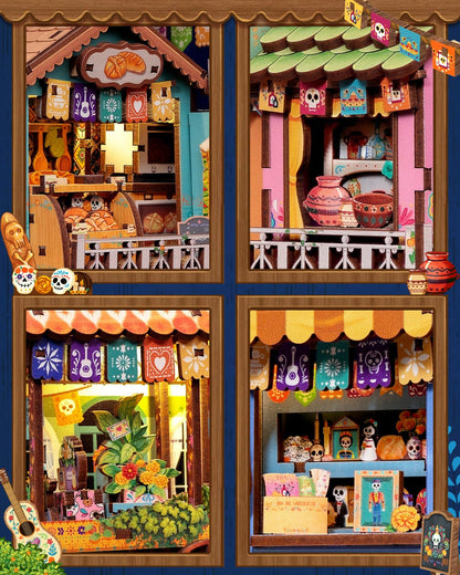 CUTEBEE Book Nook Kit - Mexican Fiesta DIY Miniature Dollhouse, Vibrant LED Bookshelf Decor Alley Model for Adults Teens, Gifts for Family and Friends（Plaza de Los Muertos）