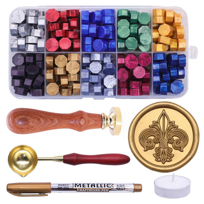 SWANGSA Fleur de Lis Wax Seal Stamp Kit with 200pcs Sealing Wax Beads, Great for Embellishment of Wedding Invitations, Wine Packages, Gift Wraps