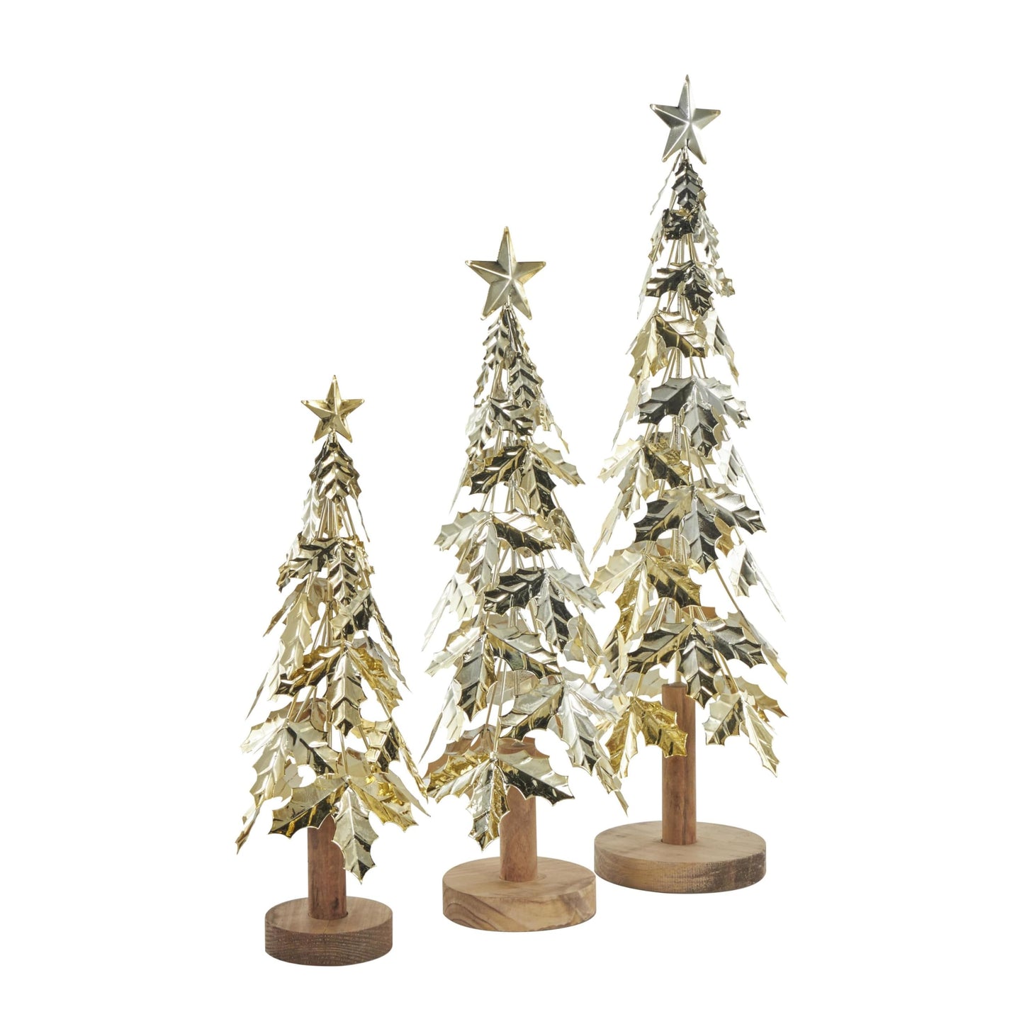 Deco 79 Metal Tree Decorative Sculpture Holiday Layered Holly Leaf Christmas Home Decor Statues with Wooden Base and Star Topper, Set of 3 Accent Figurines 22", 18", 14"H, Gold