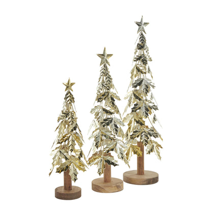 Deco 79 Metal Tree Decorative Sculpture Holiday Layered Holly Leaf Christmas Home Decor Statues with Wooden Base and Star Topper, Set of 3 Accent Figurines 22", 18", 14"H, Gold