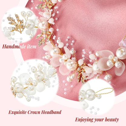 Retrowavy 2 Pcs Flower Girl Headpiece, Flower Girl Hair Accessories Rhinestone Crystal Princess Pearl Headband Bridal Hair Headband for Wedding First Communion(Gold)