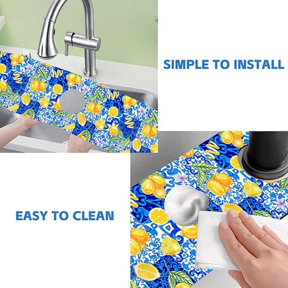 Blue Tiles and Yellow Lemon Sink Faucet Absorbing Mat Sink Splash Guard Faucet