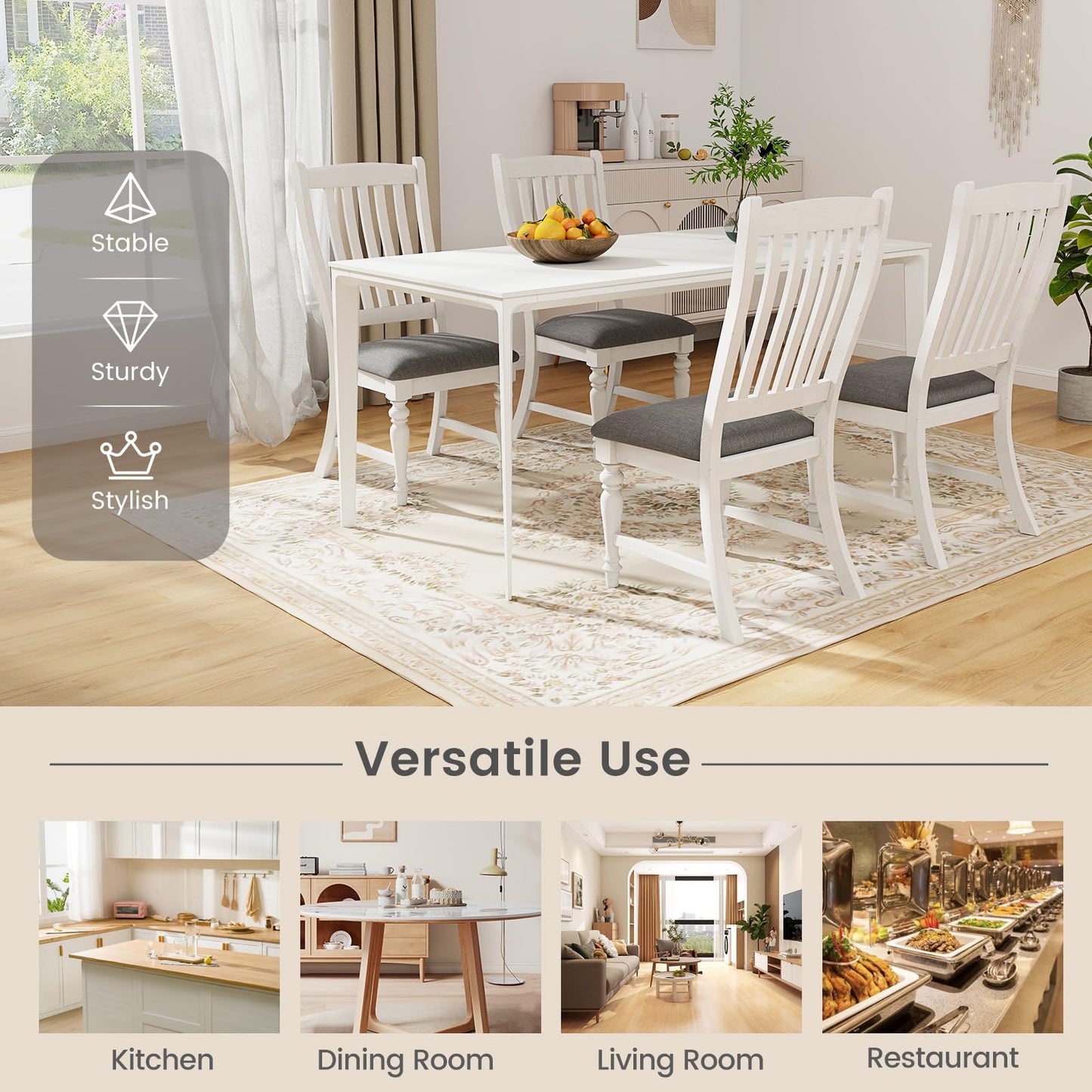 Giantex Wood Dining Chairs Set of 2, Farmhouse Kitchen Chairs with Solid Wood Frame, Max Load 355 Lbs, Armless Upholstered Dining Side Chairs with Cushion Seat, Slat Back Dining Room Chair, White