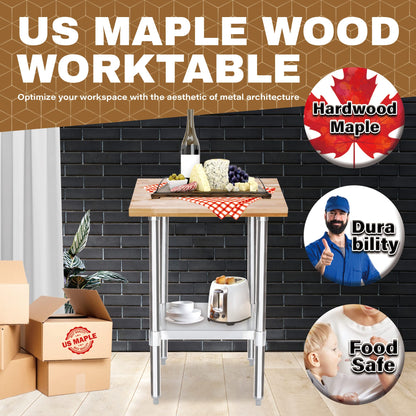 US Maple Top Work Table - 24 x 24 x 35 Inch Commercial Butcher Block Wooden Workbench with Adjustable Lower Shelf - Fits Restaurant, Warehouse, Home, Kitchen, Garage by DuraSteel