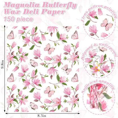 150 Sheets Watercolor Magnolia Butterfly Deli Paper, 9.8 x 8.3in Magnolia Blossom Pattern Grease Resistant Proof Sandwich Wrap Paper Liners Greaseproof for Home Kitchen