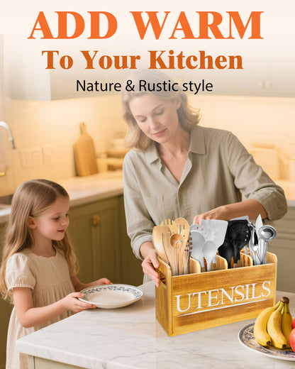 brekle Kitchen Utensil Holder for Kitchen Counter Large Wooden Organizer for Cooking Utensils Utensil Holder Counter Farmhouse Décor (Farmhouse Wooden)