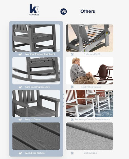 KINGYES Oversized Outdoor Rocking Chair Set of 2, HDPE Patio Rocking Chairs for Adults,Gray