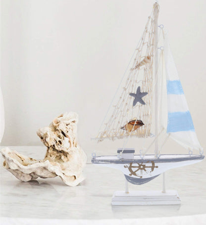 CoTa Global Moonlight Sailboat - Handmade Wooden Sail Boat Decor, Cute Beach Style Model, Nautical Themed Table Top Living Room Centerpiece - 12.5 Inch
