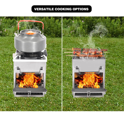 REDCAMP Wood Burning Folding Camp Stove Stainless Steel Grill and Pot Stand, Portable Collapsible Backpacking Stove Survival Rocket Stove for Hiking Outdoor Tent Camping Picnic, Largel with Pot Stand