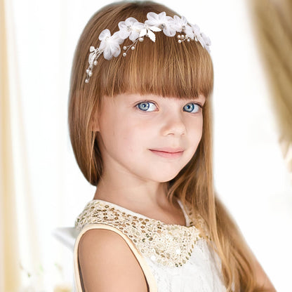 Oriamour Tulle Flower Headband, Flower Girl Headpiece, Pearl Silver, Wedding Hair Accessories, Tiara for Birthday, Party, First Communion