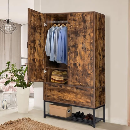 VINGLI 38" W Armoire, Wardrobe Closet with Hanging Rod, Bedroom 71" Freestanding Wardrobe Cabinet with Doors, Adjustable Shelves and Drawer, Open Compartment, Rustic Brown