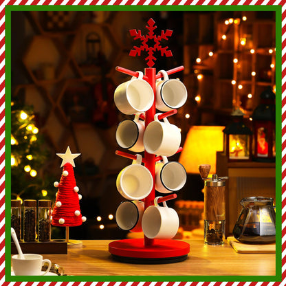 DoubleFill Christmas Tree Coffee Mug Holder 8 Hooks Snowflake Mug Holder for Countertop Snowflake Cup Rack Wood Christmas Tree Display for Kitchen Coffee Accessories