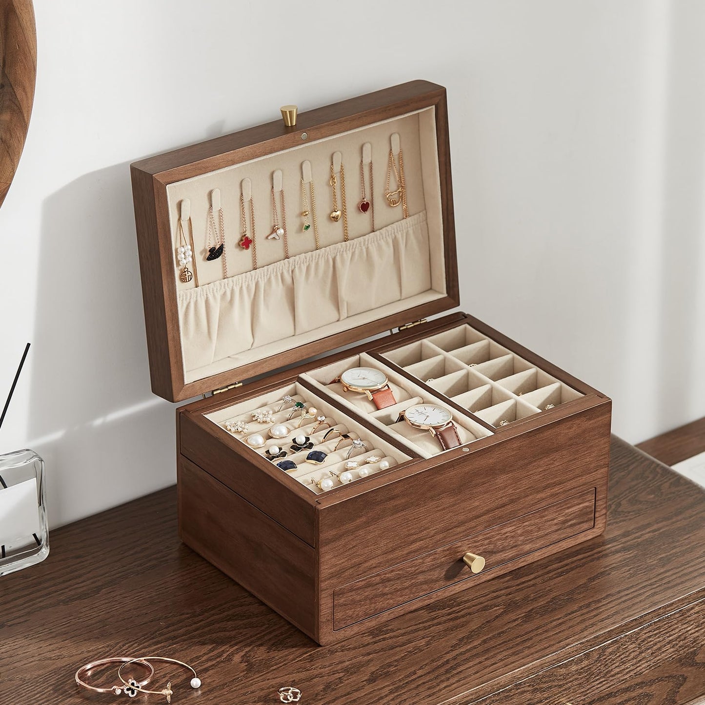 Homruilink Wooden Jewelry Box for Women, 3 Level Multi-functional Drawers Black Walnut Jewelry Organizer Box, Watch, Necklace, Ring, Earring Storage - Fathers Day Gift (No Mirror)
