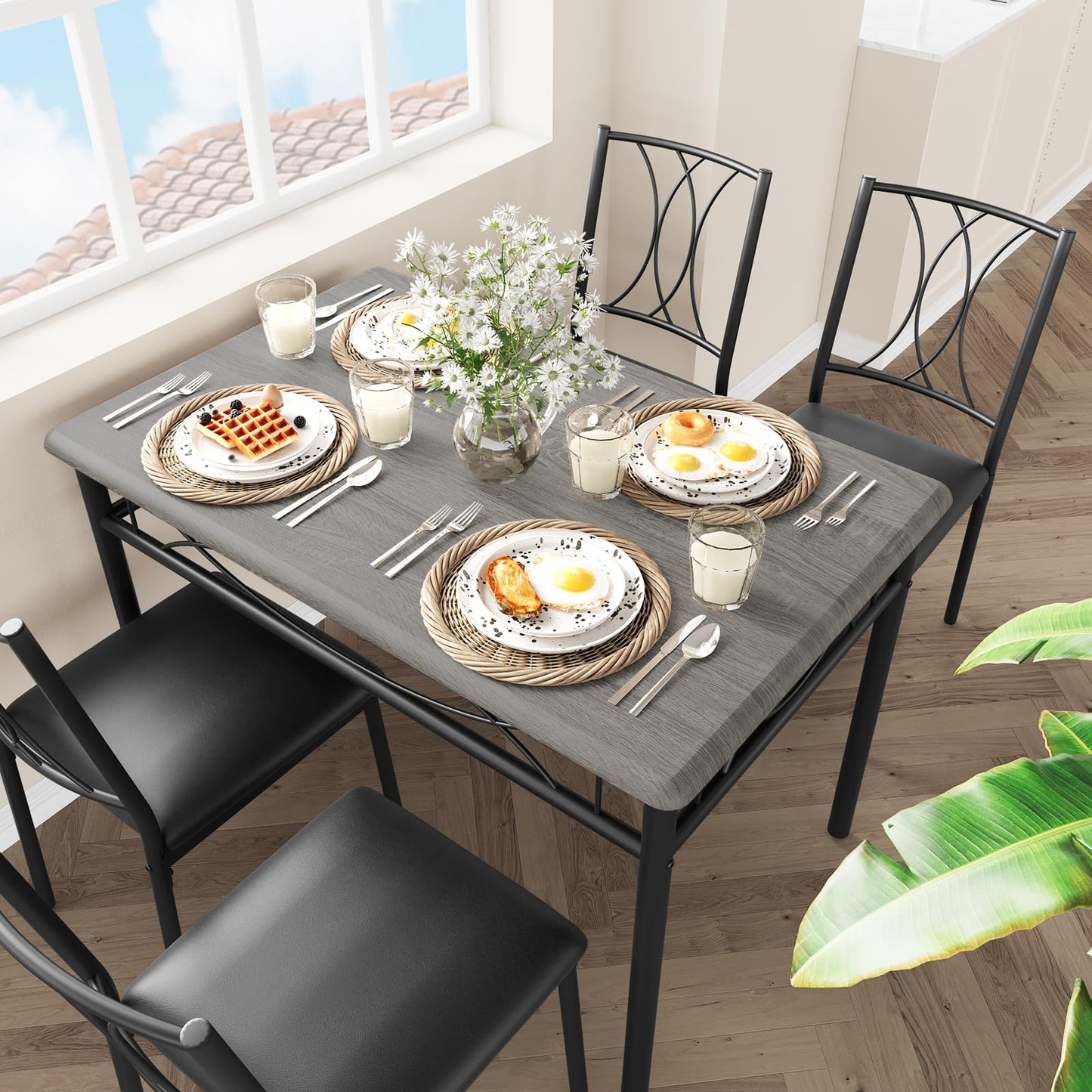 Garvee Small Dining Table Set for 4, Wooden Kitchen Table with 4 Upholstered Chairs, Space Saving Compact Dining Table with Corner Guard, Ideal for Kitchen, Dining Room, and Small Area, Gray