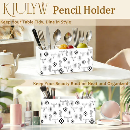 KJULYW Western Desk Accessories Pen Holder, Western Office Decor, Boho Aztec Bull Skull Cactus Wooden Box Pencil Pen Holder Organizer for Home Office Desk Accessories