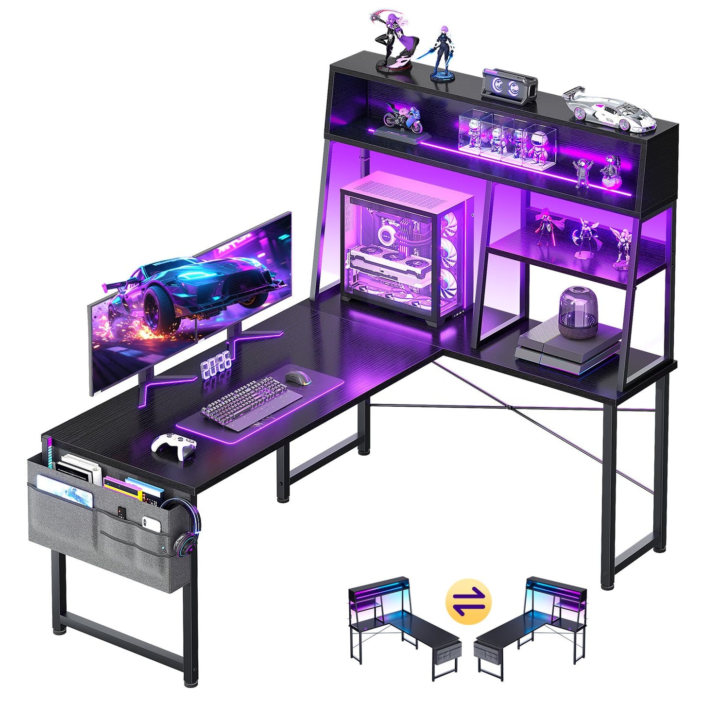 AODK L Shaped Gaming Desk with Led Lights, 51 Inch Reversible Gaming Computer Desk with Display Shelves, PC Gamer Desk Gamer Table with Storage Bag, L Desk for Game, Black