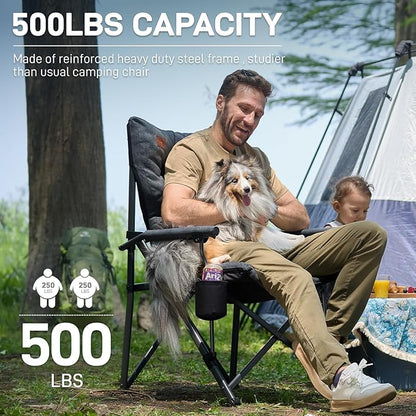 EVER ADVANCED Padded Oversized Folding Camping Chair for Adults, Heavy Duty Lawn Chair with Side Pockets, Portable Collapsible Quad Chair for Outside, Support Up to 500lbs, Black