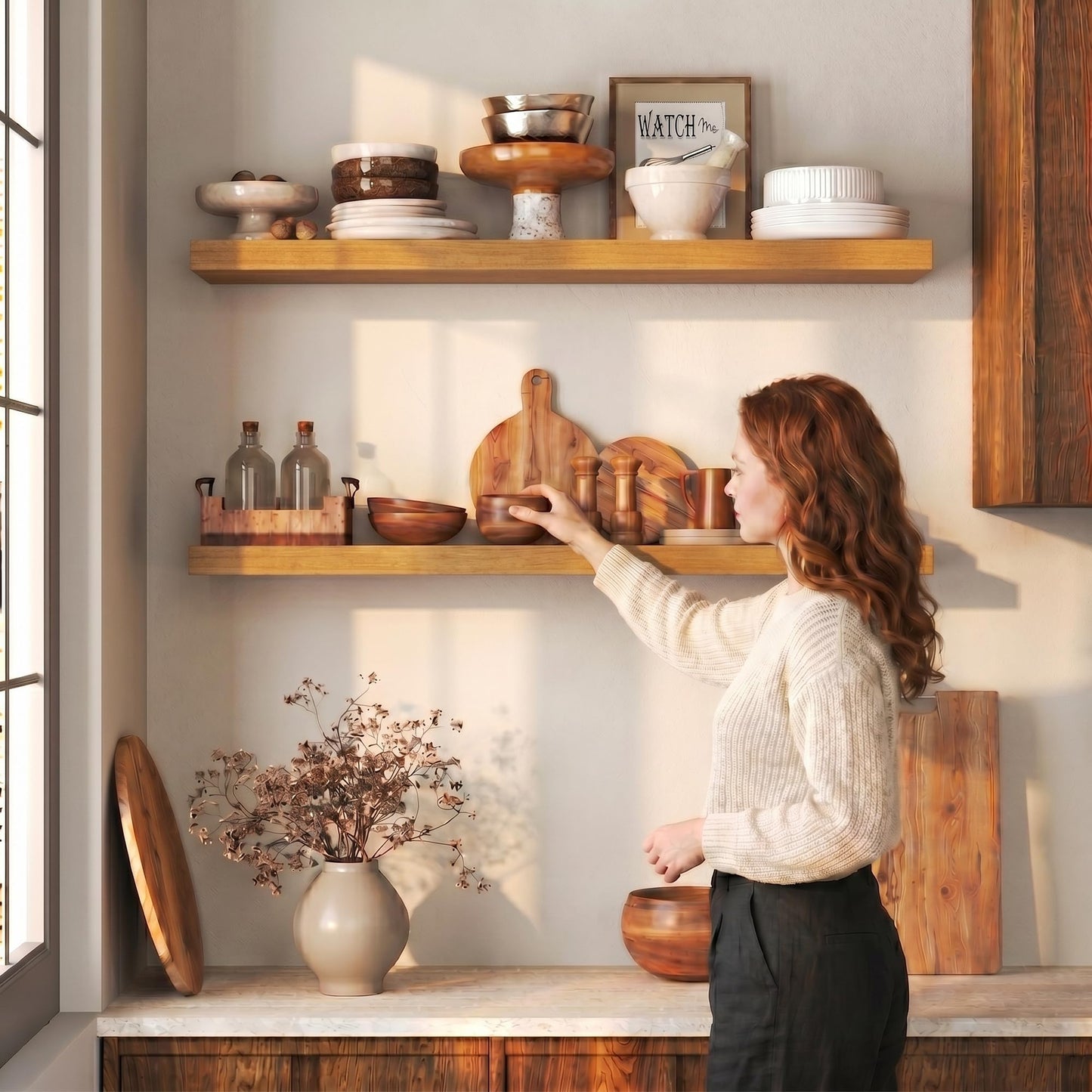 Fun Memories Solid Wood Floating Shelves for Wall, Set of 2 – 16 Inch Rustic Farmhouse Wall Shelf, Deep Natural Wood Storage Shelf for Kitchen, Living Room, Bedroom – Golden Oak
